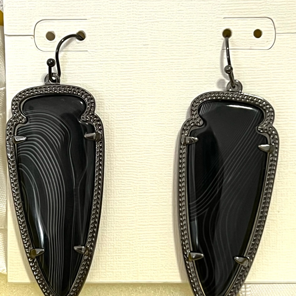 NWT RARE & Retired Kendra Scott Skylar Earrings Gunmetal & Black Banded Agate 😊 - Picture 11 of 15